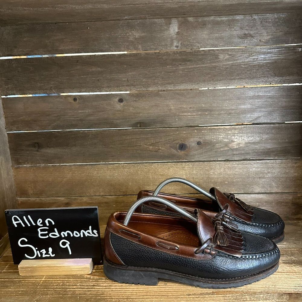 Mens Allen Edmonds Nashua Black Leather Comfort Tassel Fringe Loafers Size 9 D‎